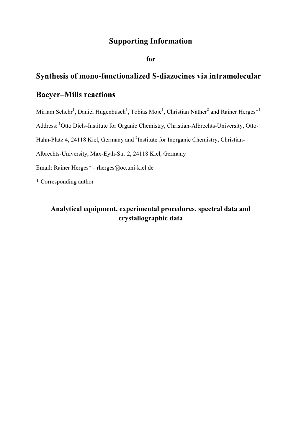 Supporting Information Synthesis of Mono-Functionalized S-Diazocines