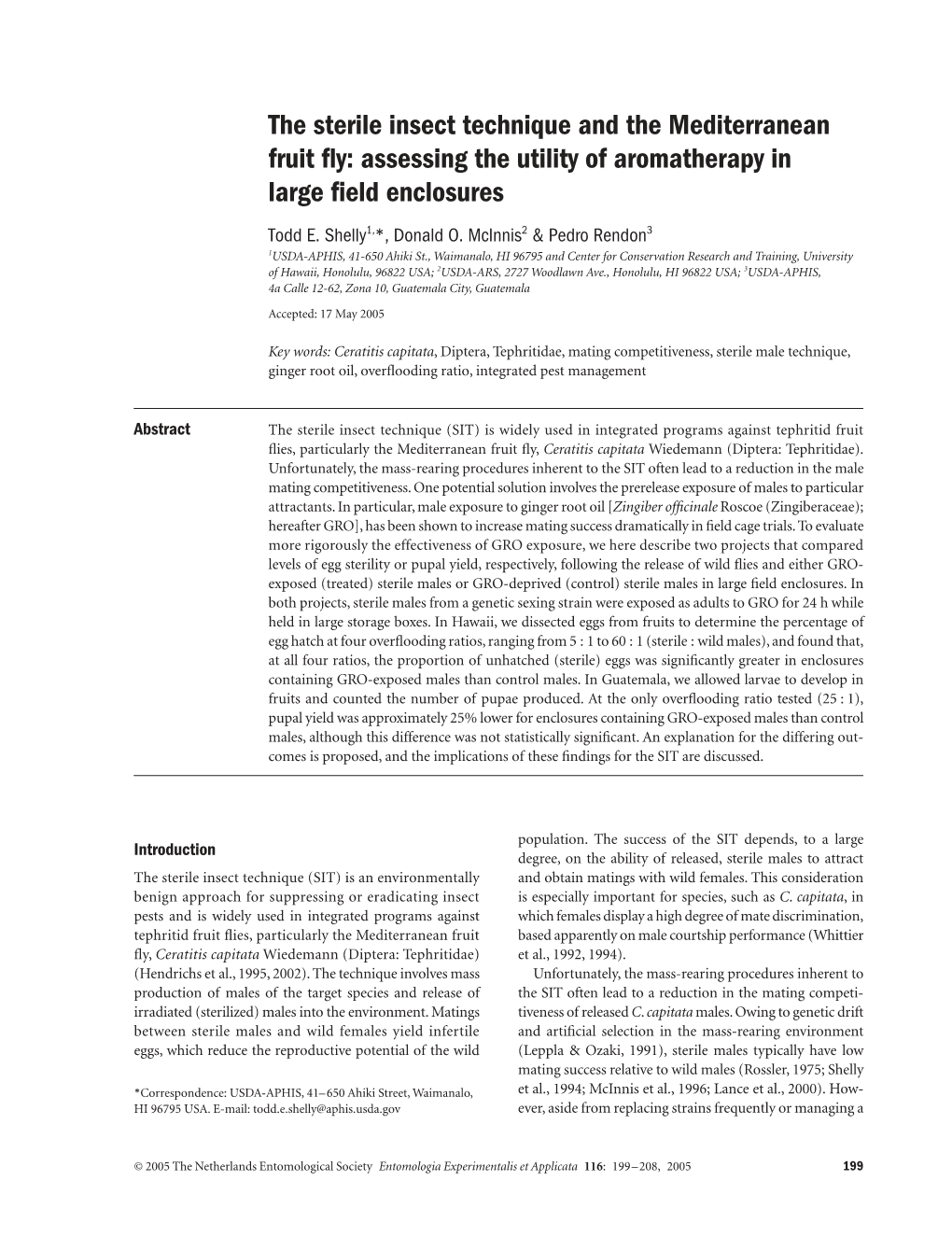 The Sterile Insect Technique and the Mediterranean Fruit Fly: Assessing the Utility of Aromatherapy in Large Field Enclosures