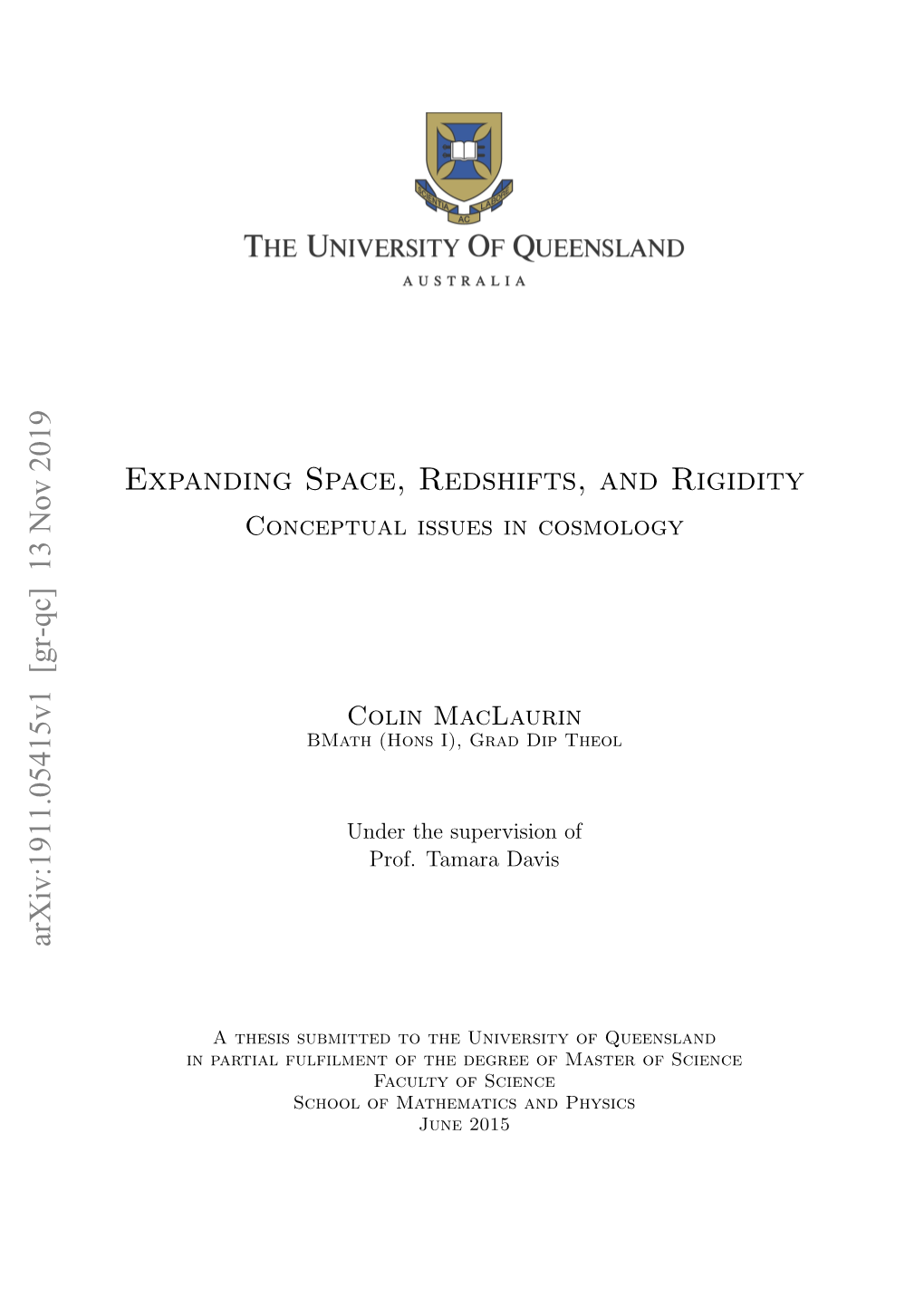 Expanding Space, Redshifts, and Rigidity Arxiv:1911.05415V1 [Gr-Qc