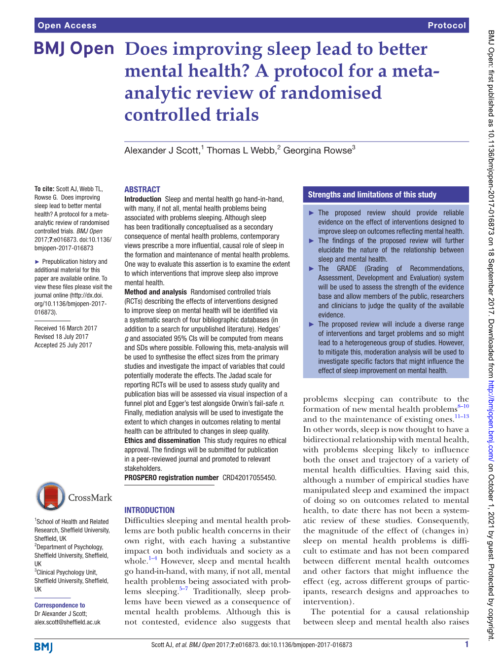 Does Improving Sleep Lead to Better Mental Health? a Protocol for a Meta- Analytic Review of Randomised Controlled Trials