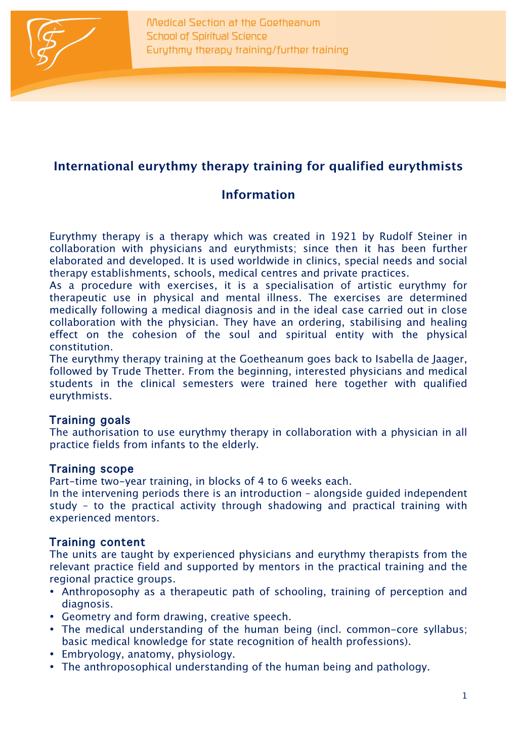 International Eurythmy Therapy Training for Qualified Eurythmists Information