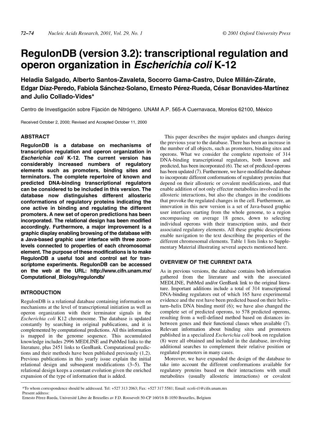 Regulondb (Version 3.2): Transcriptional Regulation and Operon Organization in Escherichia Coli K-12
