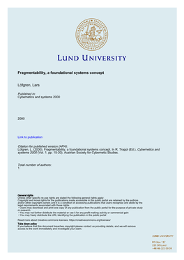 Fragmentability, a Foundational Systems Concept Löfgren, Lars
