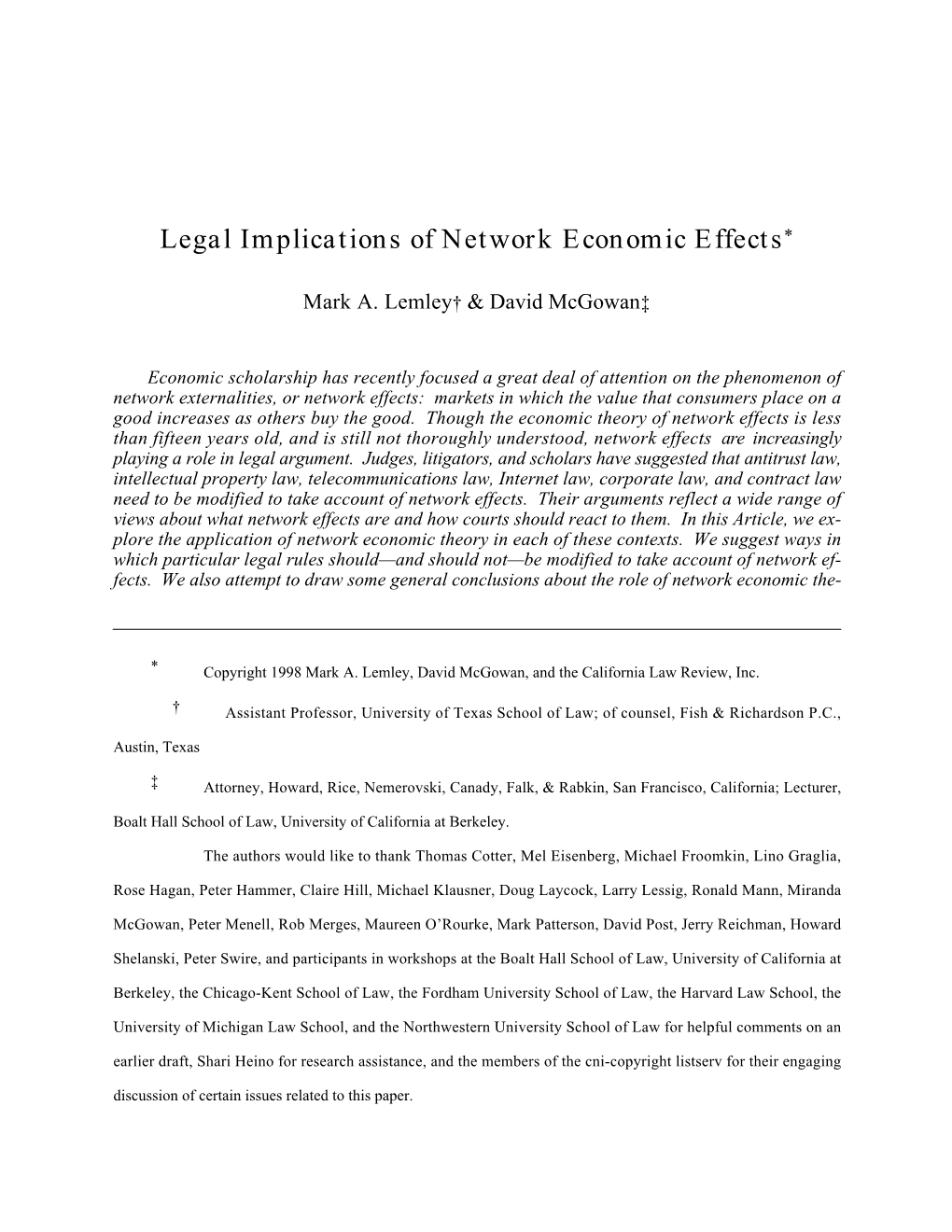 Legal Implications of Network Economic Effects∗