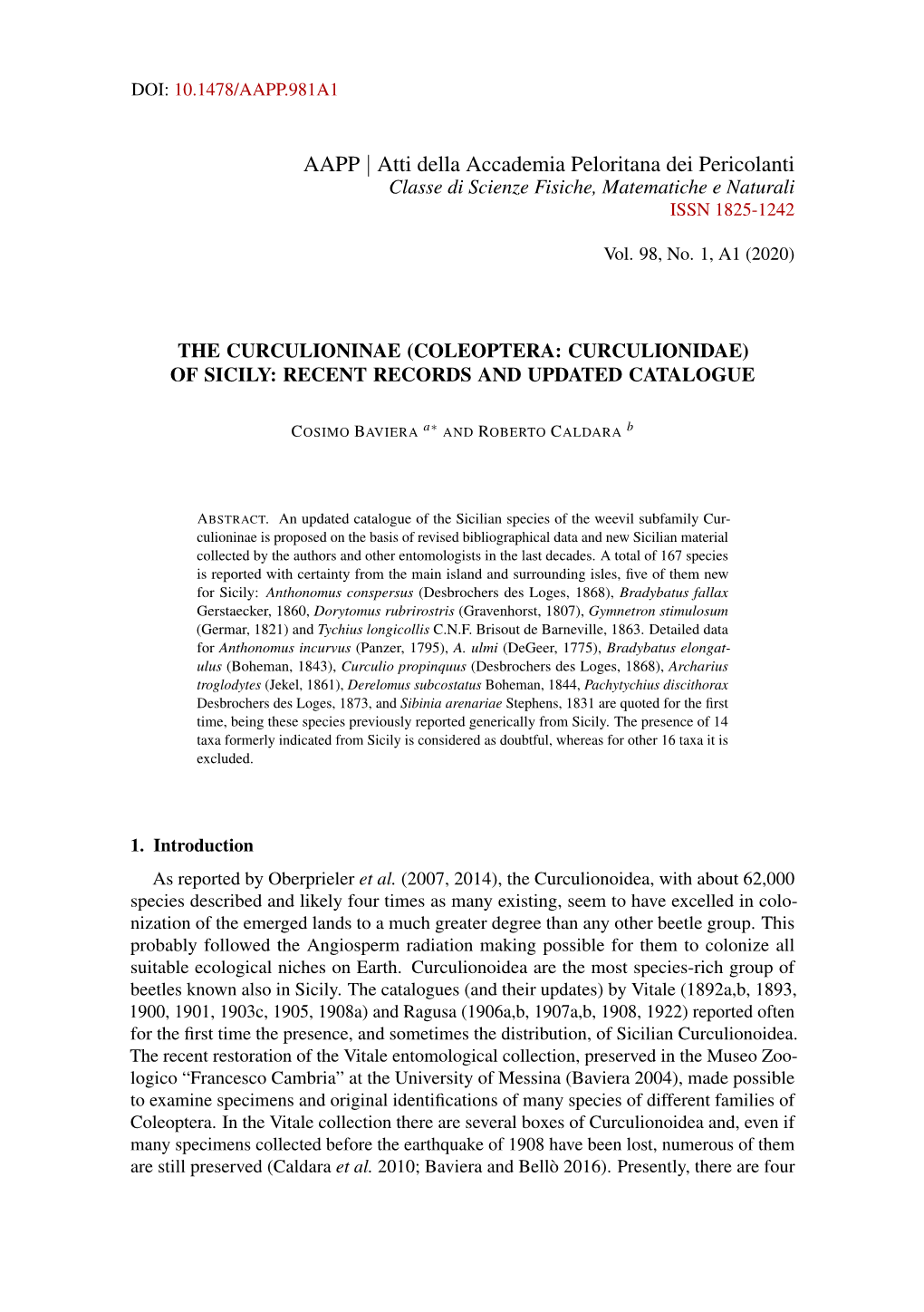 The Curculioninae (Coleoptera: Curculionidae) of Sicily: Recent Records and Updated Catalogue