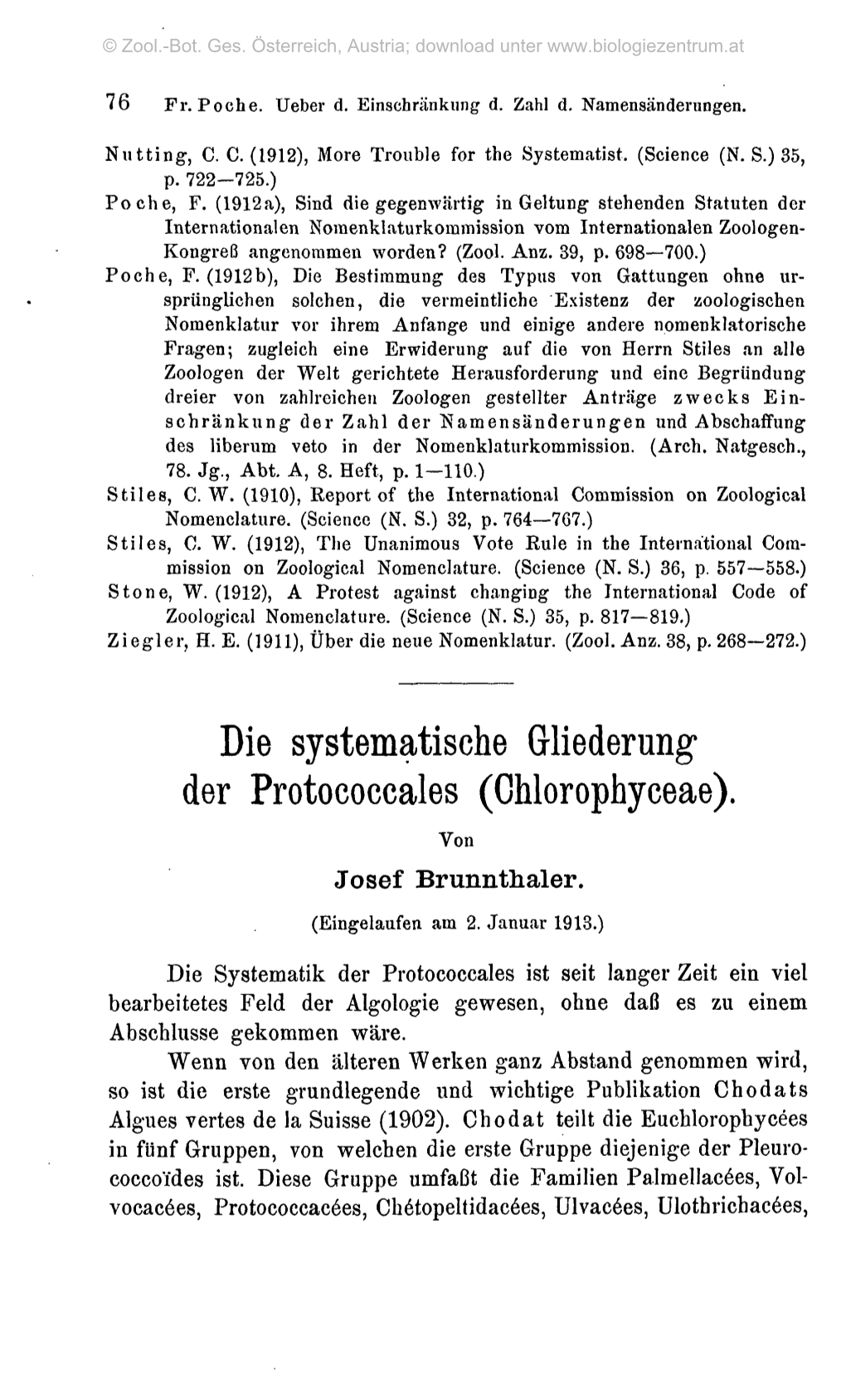 Die Systematische Gliederung* Der Protococcales (Chlorophyceae). Von Josef Brunnthaler