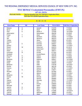 (EMT-Ps) (07-01-2019) PLEASE NOTE: This List Identifies the NYC REMAC Expiration Date, NOT the NYS DOH Expiration Date