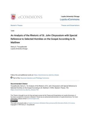 An Analysis of the Rhetoric of St. John Chrysostom with Special Reference to Selected Homilies on the Gospel According to St