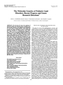 The Molecular Genetics of Pediatric Lipid Disorders: Recent Progress and Future Research Directions1