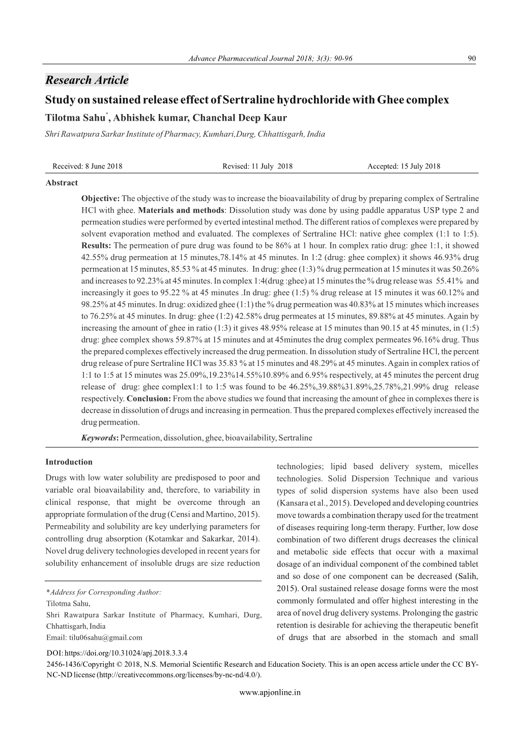 Study on Sustained Release Effect of Sertraline Hydrochloride with Ghee Complex