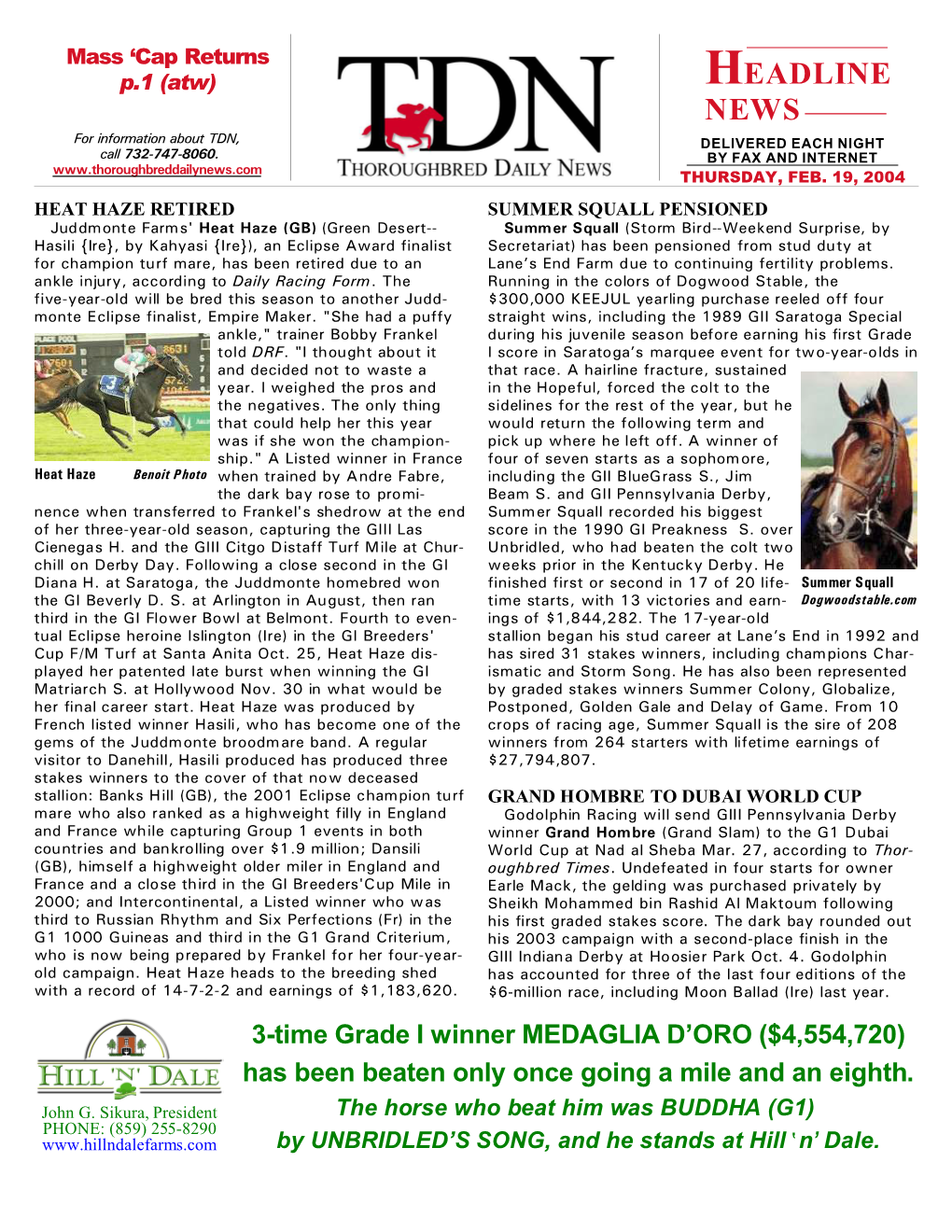 HEADLINE NEWS for Information About TDN, DELIVERED EACH NIGHT Call 732-747-8060