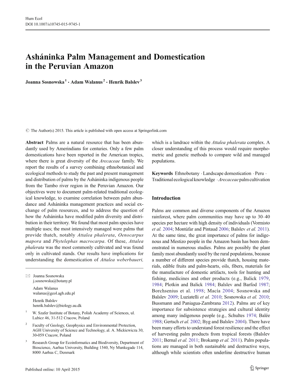 Asháninka Palm Management and Domestication in the Peruvian Amazon