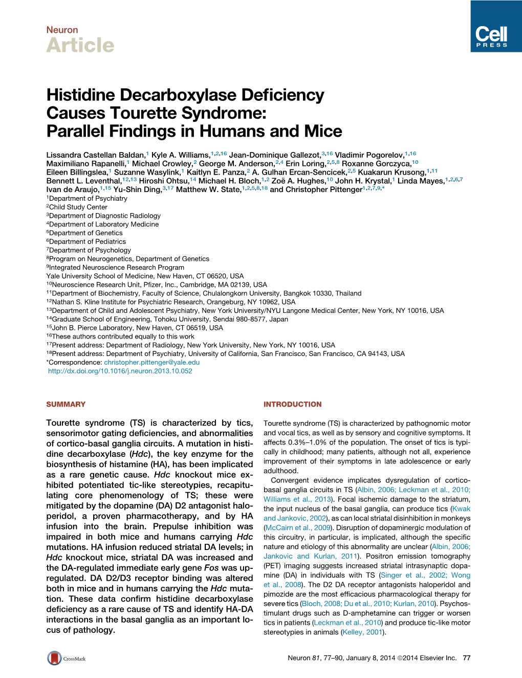 Histidine Decarboxylase Deficiency Causes Tourette Syndrome