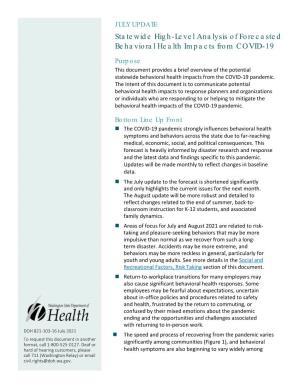 Statewide High-Level Analysis of Forecasted Behavioral Health Impacts from COVID-19
