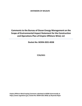 Comments to the Bureau of Ocean Energy Management on the Scope of Environmental Impact Statement for the Construction and Operat