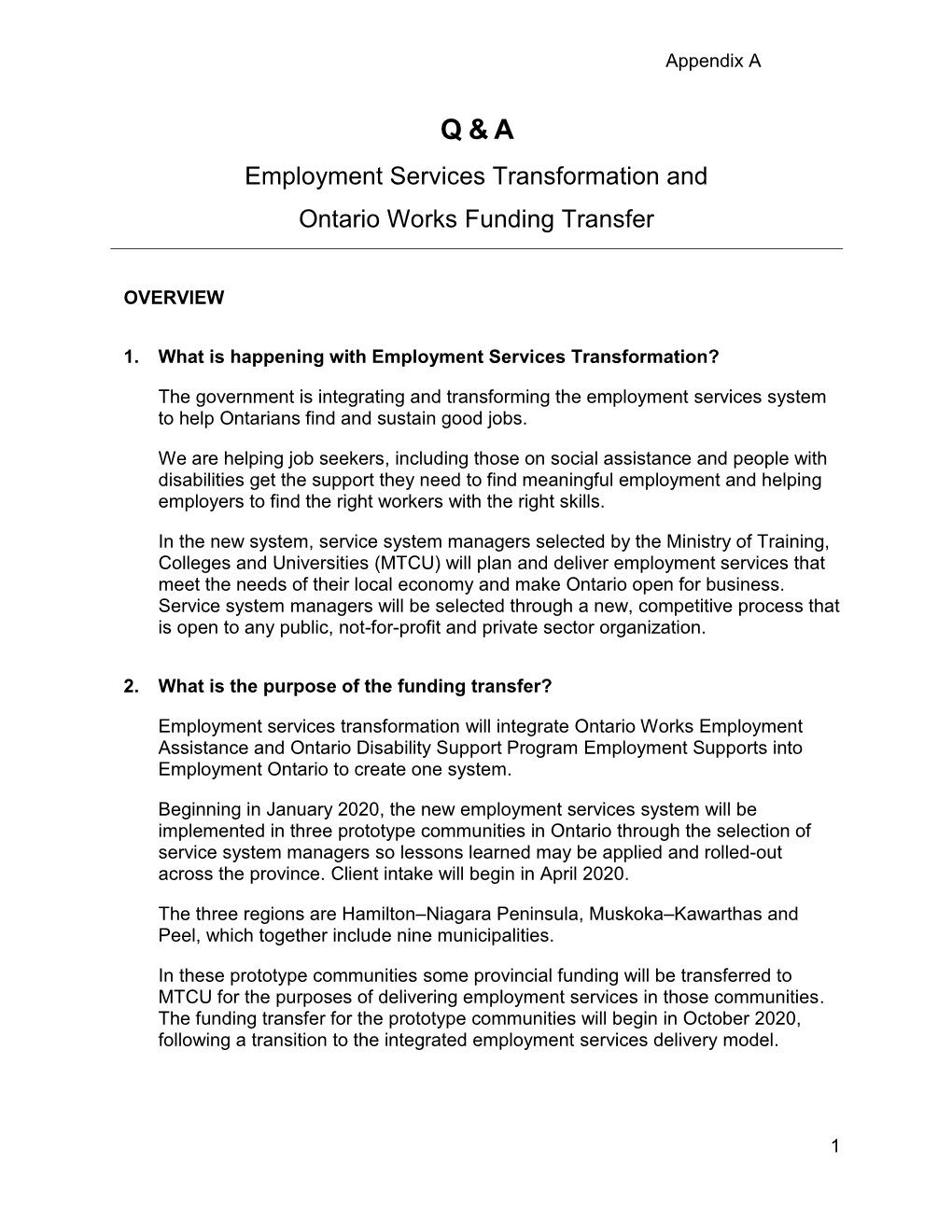 Employment Services Transformation and Ontario Works Funding Transfer