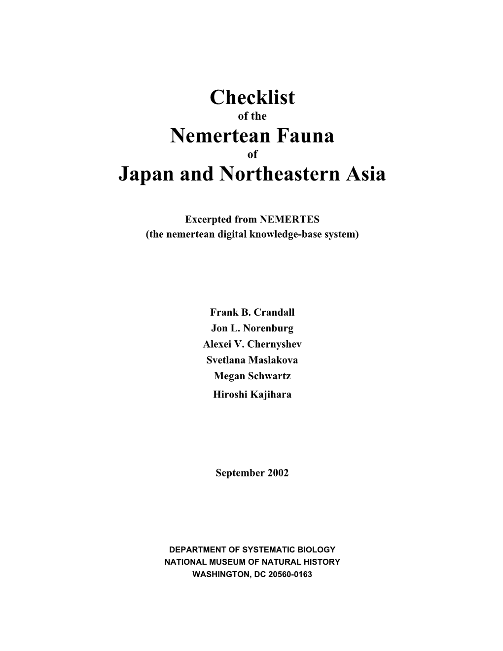 Checklist Nemertean Fauna Japan And