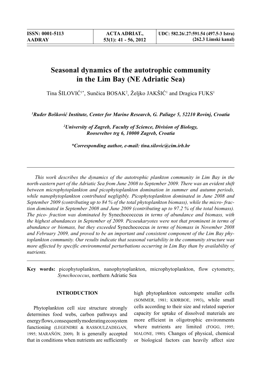 Seasonal Dynamics of the Autotrophic Community in the Lim Bay (NE Adriatic Sea)