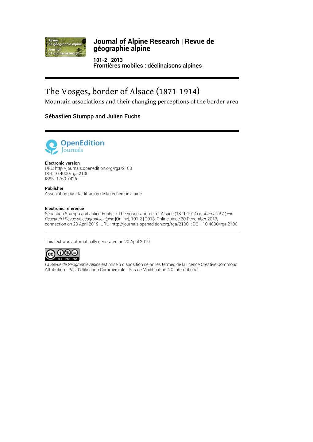 The Vosges, Border of Alsace (1871-1914) Mountain Associations and Their Changing Perceptions of the Border Area