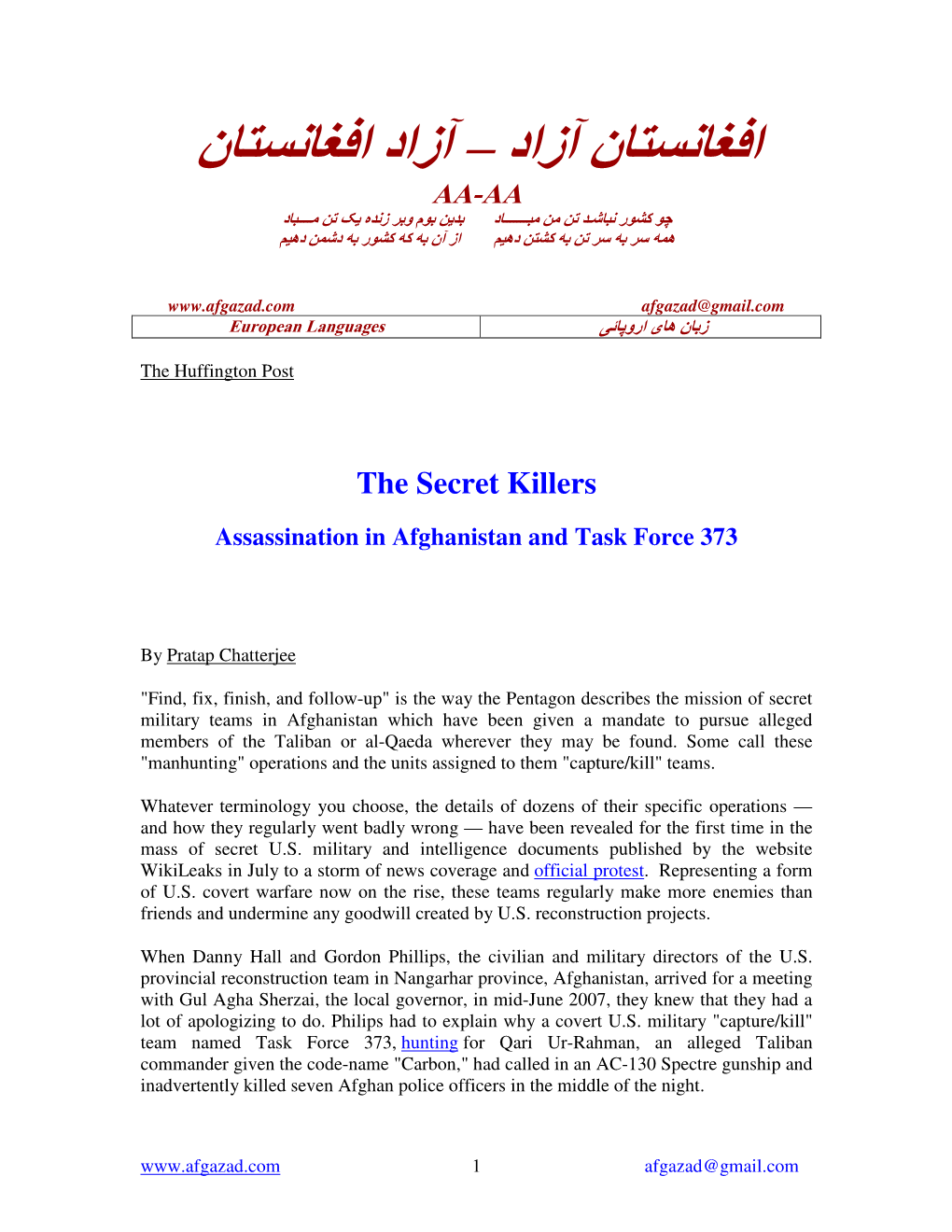 The Secret Killers Assassination in Afghanistan and Task Force 373