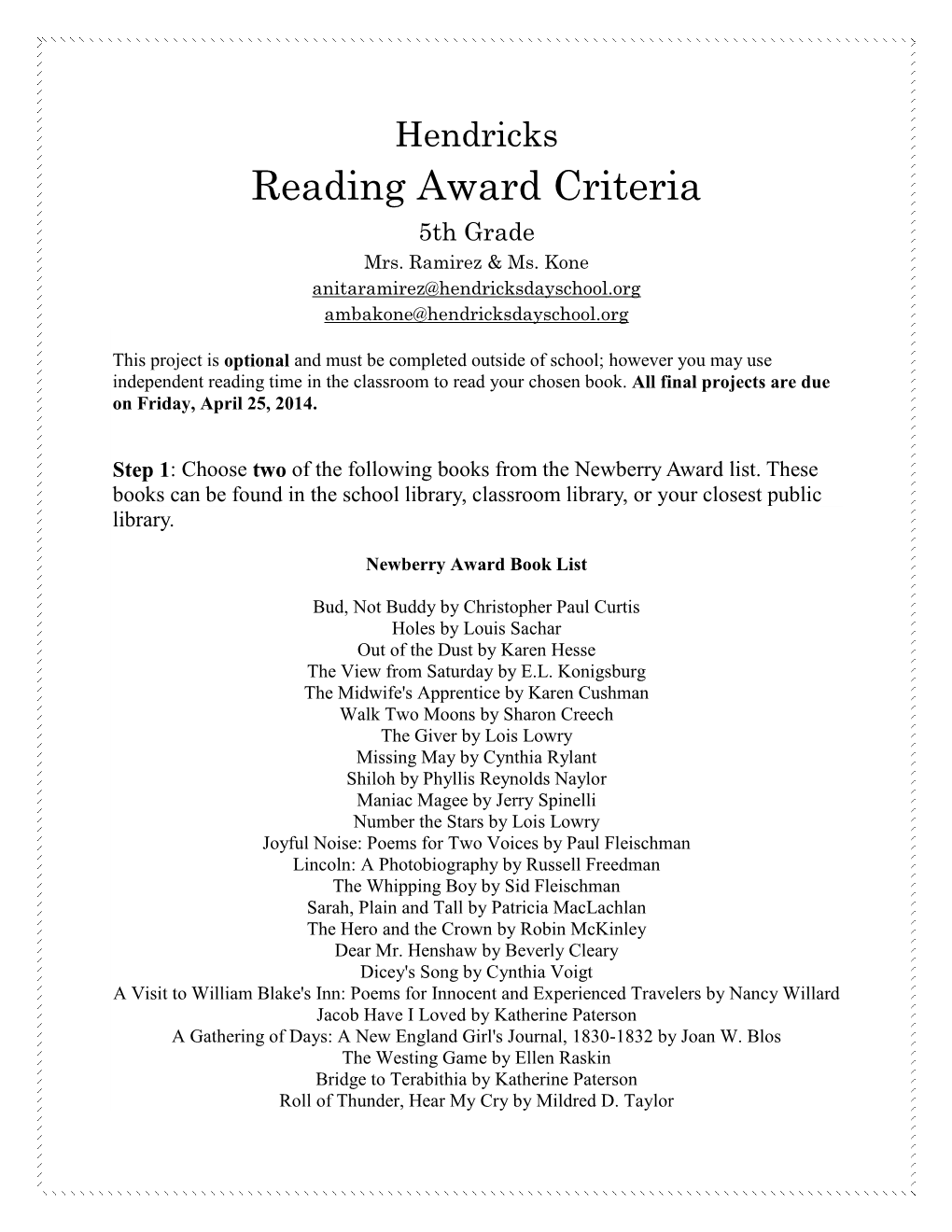 Reading Award Criteria 5Th Grade Mrs