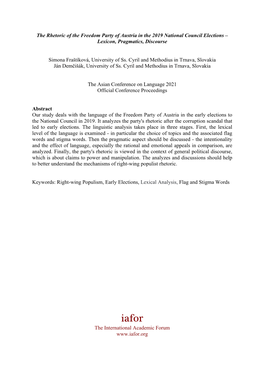 The Rhetoric of the Freedom Party of Austria in the 2019 National Council Elections – Lexicon, Pragmatics, Discourse Simona Fr