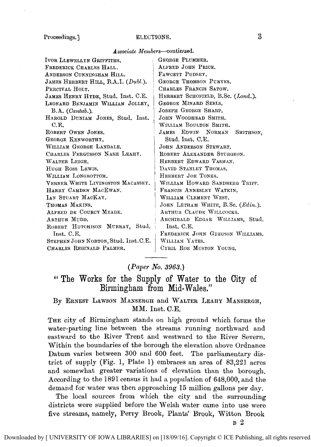 The Works for the Supply of Water to the City of Birmingham from Mid-Wales.” by ERNESTLAWSON MANSERGH and WALTERLEAHY MANSERCH, MM