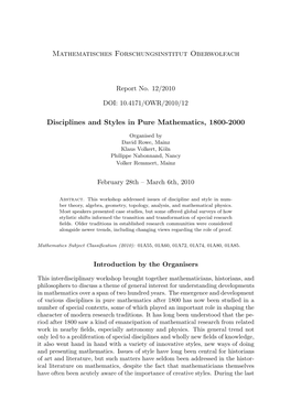 Mathematisches Forschungsinstitut Oberwolfach Disciplines and Styles