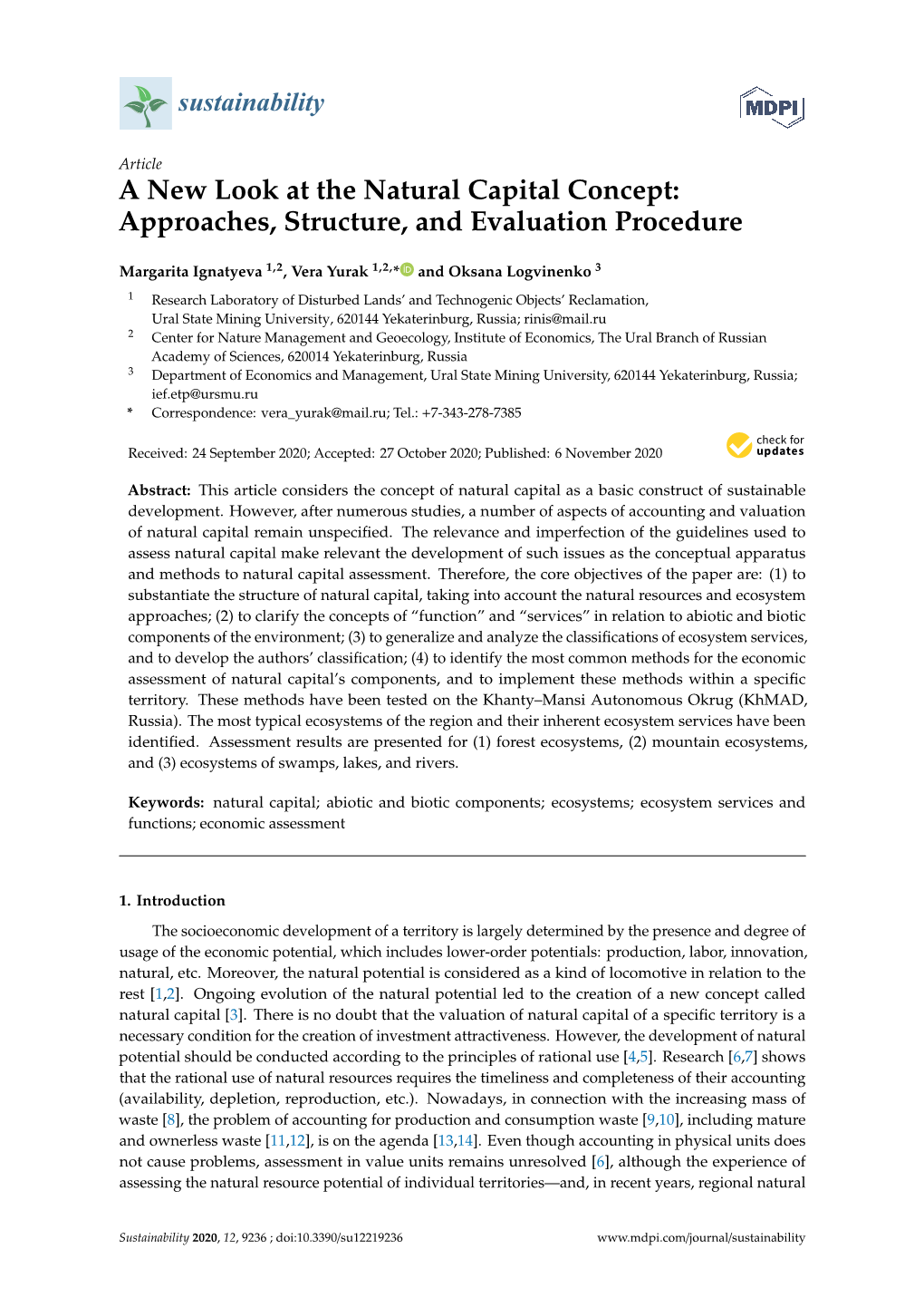 A New Look at the Natural Capital Concept: Approaches, Structure, and Evaluation Procedure