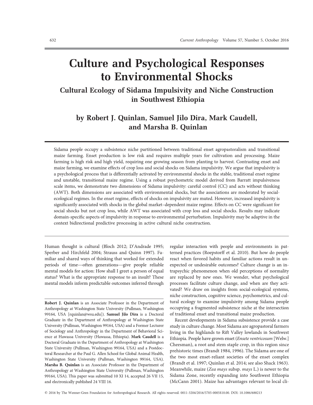 Culture and Psychological Responses to Environmental Shocks Cultural Ecology of Sidama Impulsivity and Niche Construction in Southwest Ethiopia