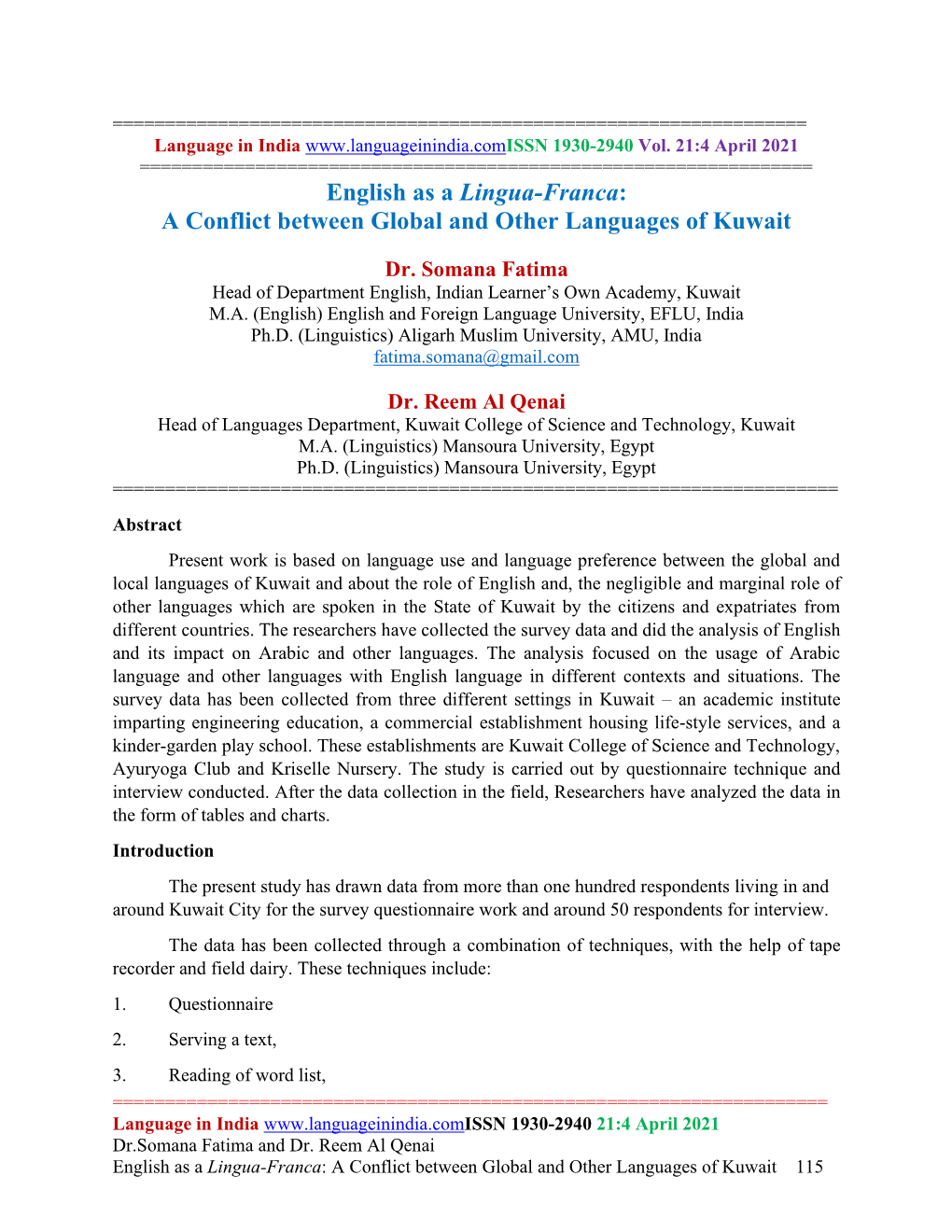 English As a Lingua-Franca: a Conflict Between Global and Other Languages of Kuwait