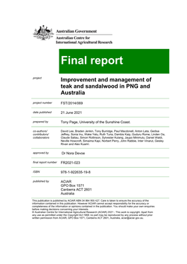 Improvement and Management of Teak and Sandalwood in PNG And