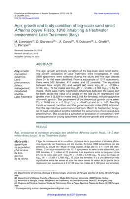 Age, Growth and Body Condition of Big-Scale Sand Smelt Atherina Boyeri Risso, 1810 Inhabiting a Freshwater Environment: Lake Trasimeno (Italy)