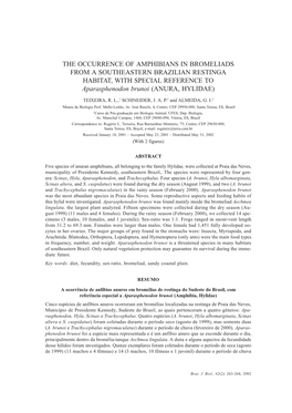 THE OCCURRENCE of AMPHIBIANS in BROMELIADS from a SOUTHEASTERN BRAZILIAN RESTINGA HABITAT, with SPECIAL REFERENCE to Aparasphenodon Brunoi (ANURA, HYLIDAE)