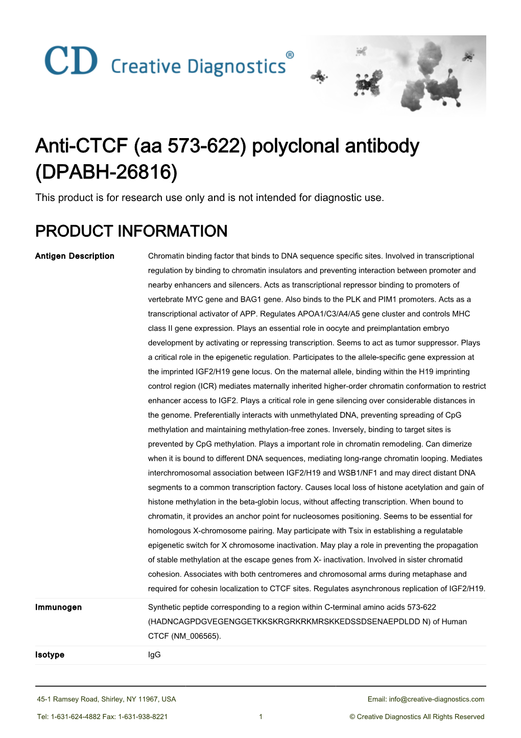 Anti-CTCF (Aa 573-622) Polyclonal Antibody (DPABH-26816) This Product Is for Research Use Only and Is Not Intended for Diagnostic Use