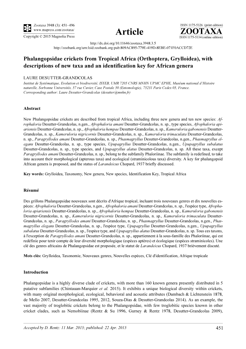 Orthoptera, Grylloidea), with Descriptions of New Taxa and an Identification Key for African Genera