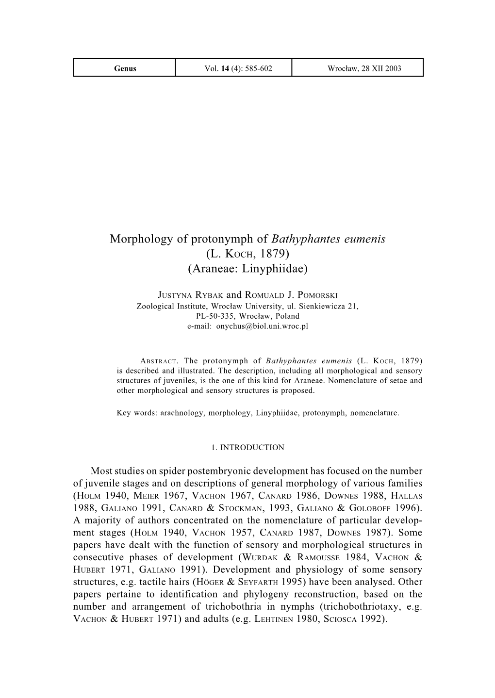 Morphology of Protonymph of Bathyphantes Eumenis (L