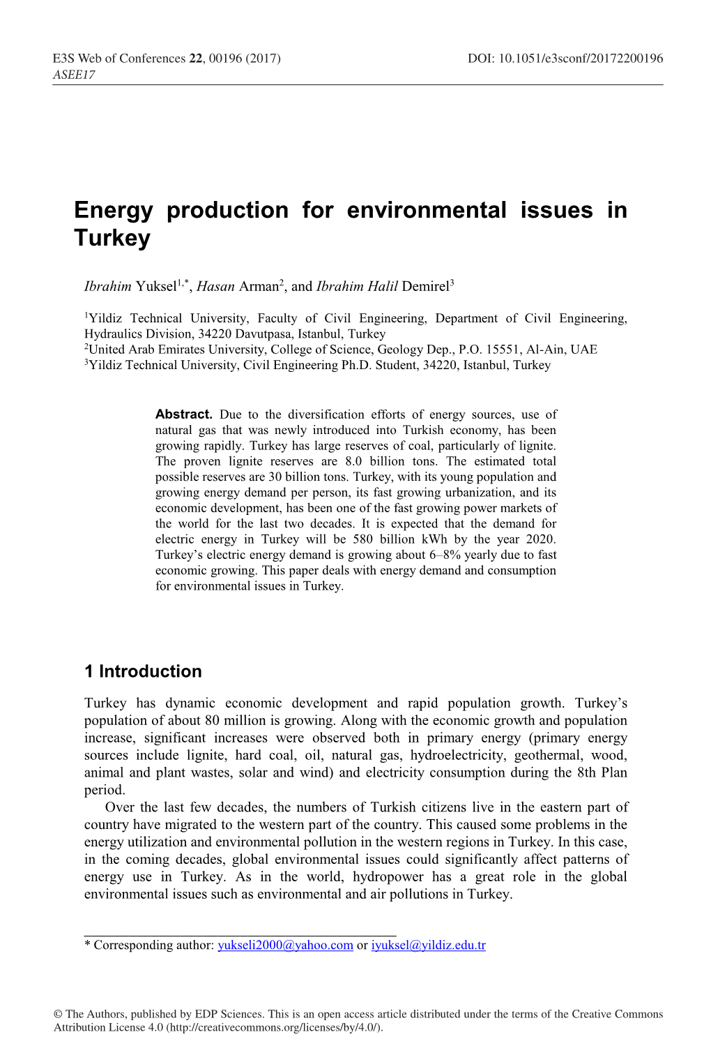 Energy Production for Environmental Issues in Turkey