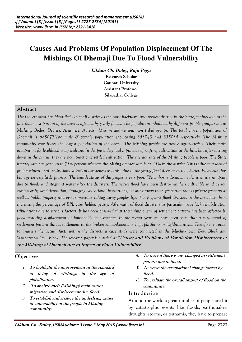 Causes and Problems of Population Displacement of the Mishings of Dhemaji Due to Flood Vulnerability