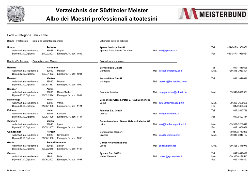 Verzeichnis Der Südtiroler Meister Albo Dei Maestri Professionali Altoatesini