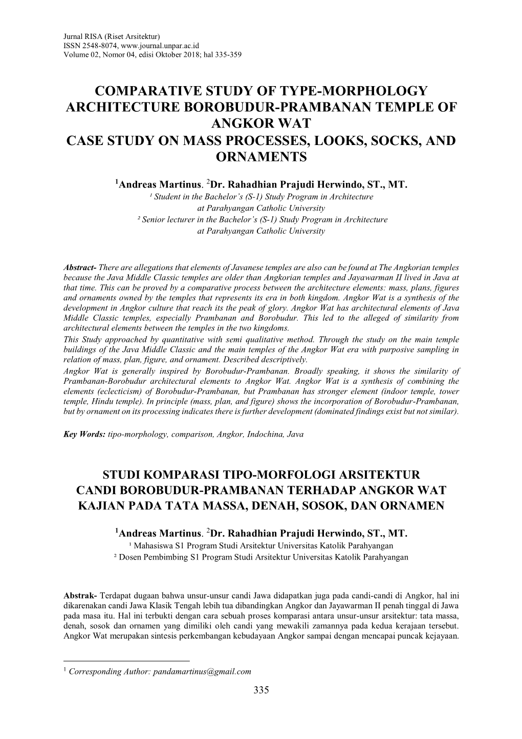 Comparative Study of Type-Morphology Architecture Borobudur-Prambanan Temple of Angkor Wat Case Study on Mass Processes, Looks, Socks, and Ornaments