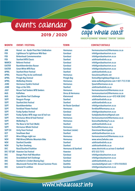 Events Calendar 2019 / 2020 HANGKLIP-KLEINMOND HERMANUS STANFORD GANSBAAI