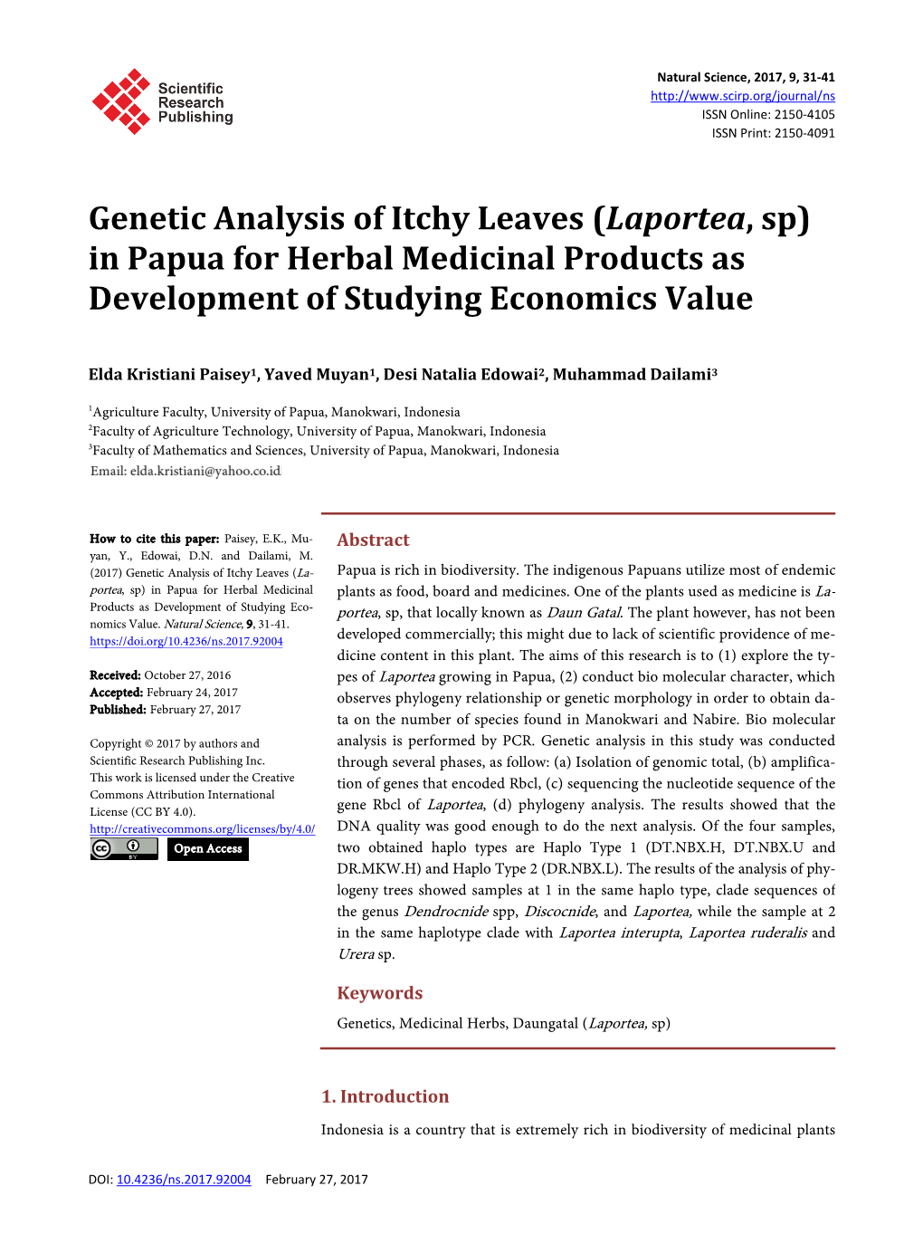 Laportea, Sp) in Papua for Herbal Medicinal Products As Development of Studying Economics Value