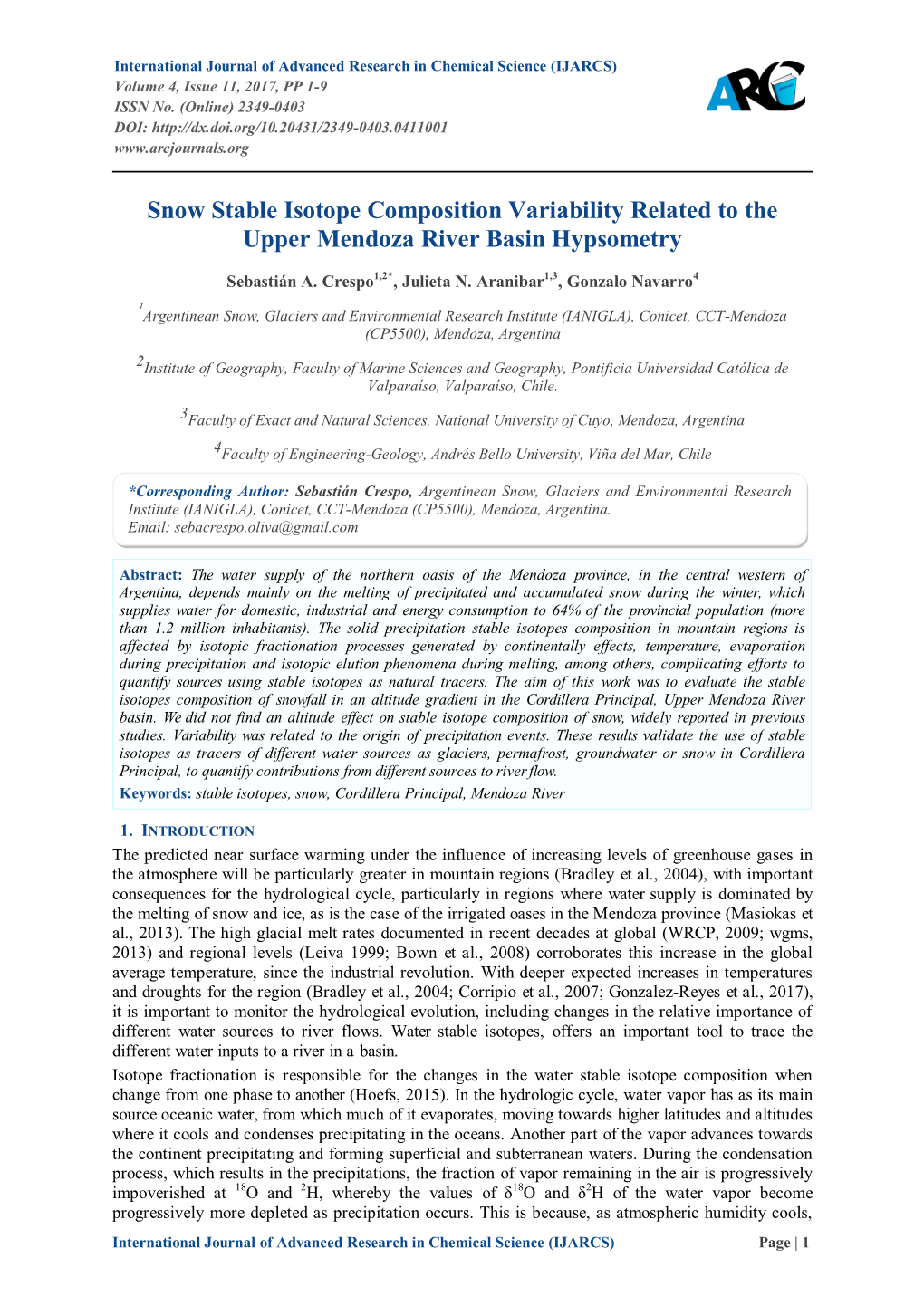 Snow Stable Isotope Composition Variability Related to the Upper Mendoza River Basin Hypsometry