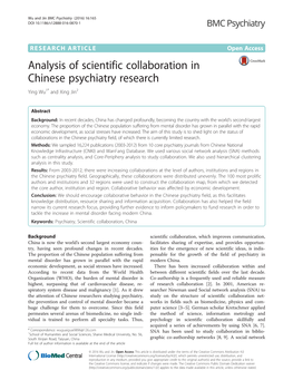 Analysis of Scientific Collaboration in Chinese Psychiatry Research Ying Wu1* and Xing Jin2