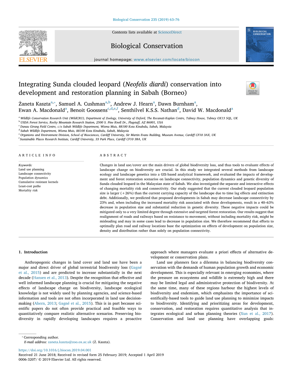 Integrating Sunda Clouded Leopard (Neofelis Diardi) Conservation Into Development and Restoration Planning in Sabah (Borneo) T ⁎ Żaneta Kasztaa, , Samuel A