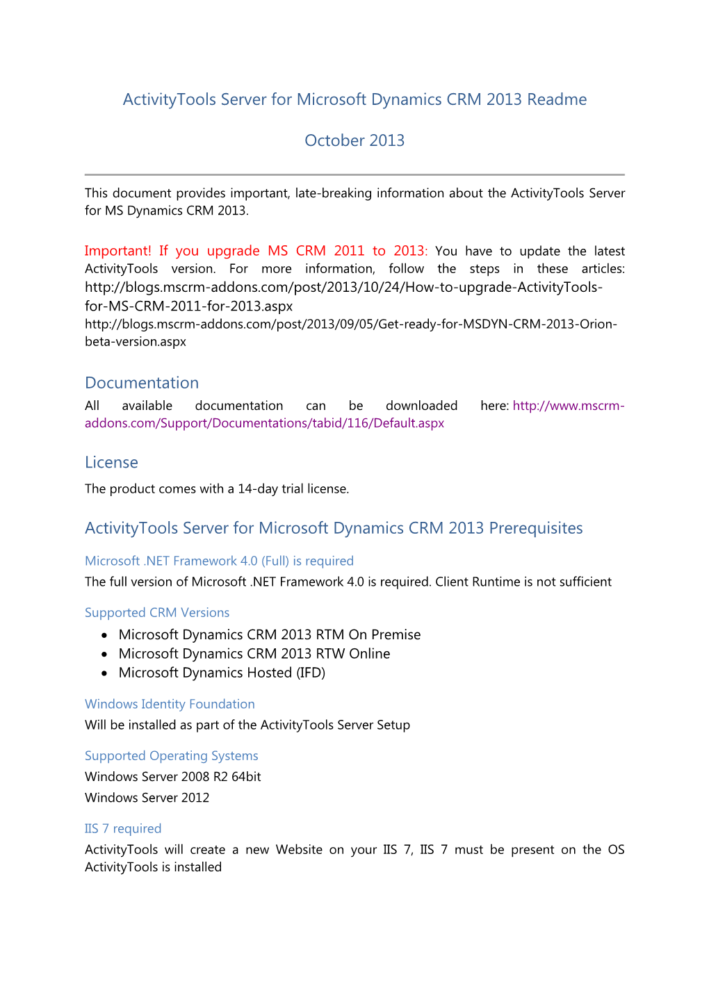 Activitytools Server for Microsoft Dynamics CRM 2013 Readme