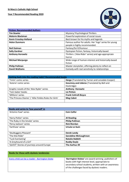 Year 7 St Mary's Reading Recommendations 2021