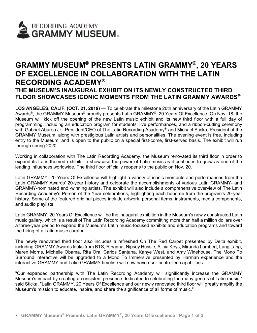 Grammy Museum® Presents Latin Grammy®, 20 Years Of