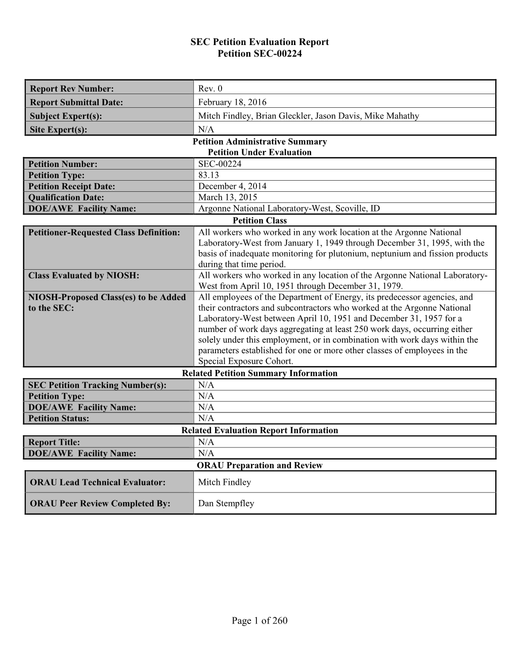 SEC-00224, Petition Evaluation Report, Argonne National